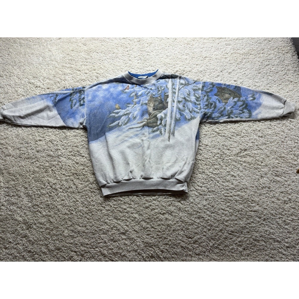 VTG 90s National Wildlife Federation Winter Wolf Crewneck Sweatshirt Back Hit M